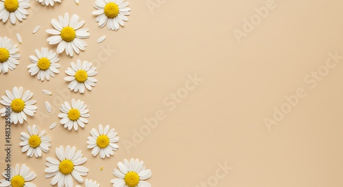 Daisies on Beige Background; Floral Border; Copy Space