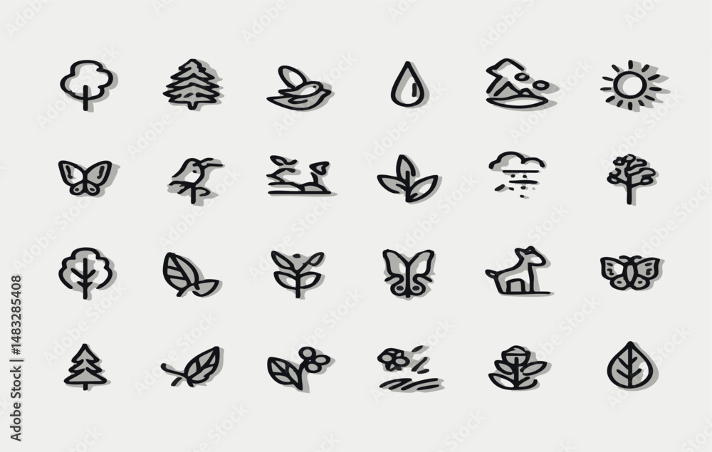 Fototapeta premium Environment Line Icons Vector Set – Editable Nature Icons of Plants, Animals, Insects for Mobile Apps & Infographics