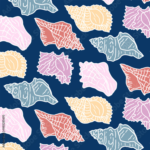 Seashells hand-drawn colorful seamless pattern. Nautical seamless vector background for summer, beach, textile, packaging
