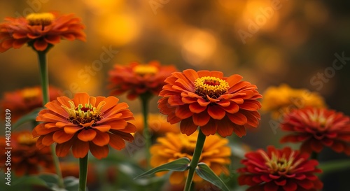 Orange and Red Zinnia Flowers in Soft Focus