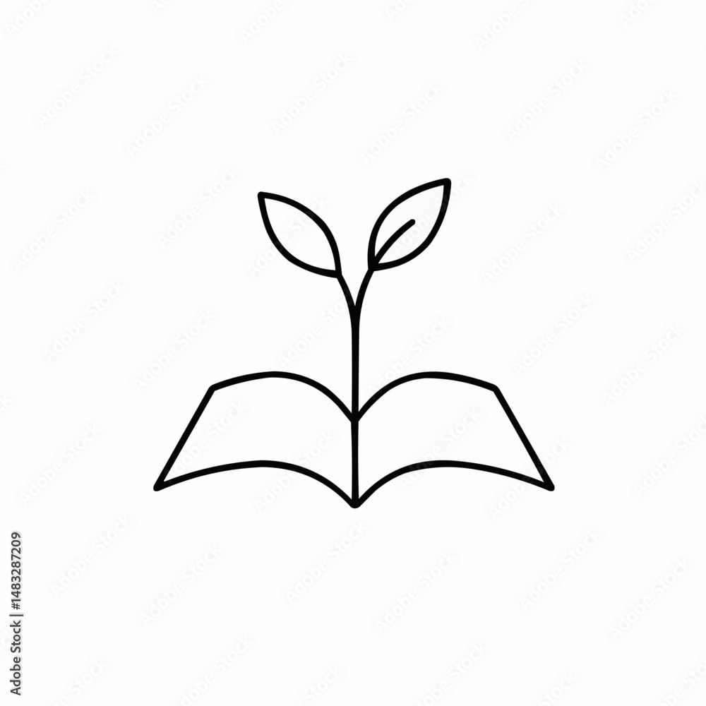 Open book with a sprout growing from its pages. Very few lines, minimal detail Open book with a sprout growing from its pages. Very few lines, minimal detail