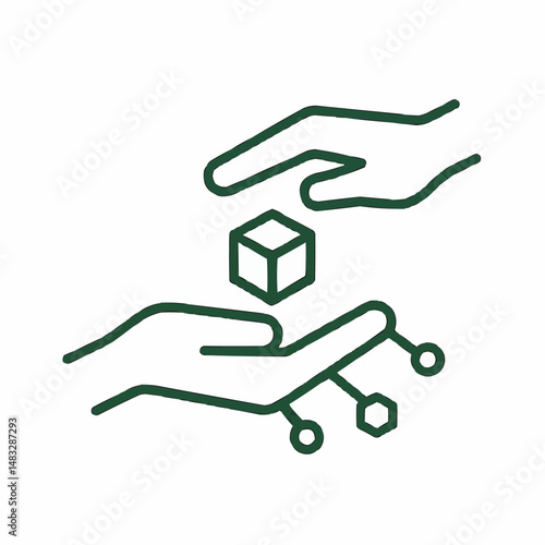Outline of two hands exchanging a small cube, symbolizing decentralized transactions