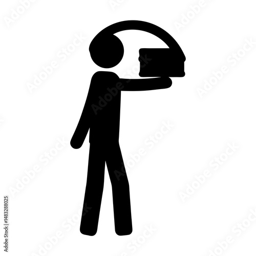 Stick figure carrying a package with an arched handle standing still