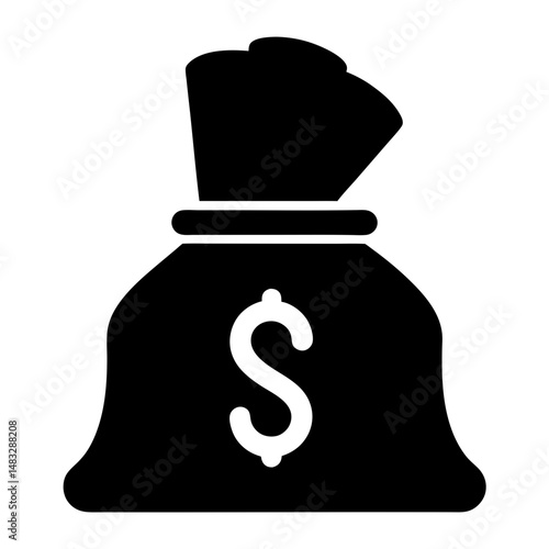 Black and white money bag icon representing wealth and financial gain