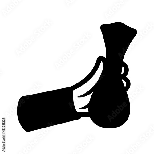 Monochrome illustration of a hand holding a pouch with a cinched neck