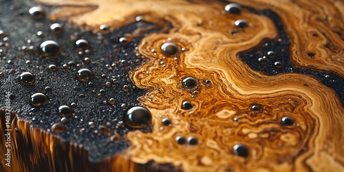 Abstract amber and black wood slab with droplets
