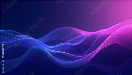 Vector illustration of smooth flowing wave lines with glowing neon colors in shades of pink, purple, and blue on a dark background, abstract fluid shapes, soft curves, futuristic digital background.
