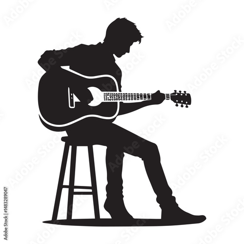 silhouette of a person playing guitar, simple black and white editable vector