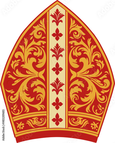 Baroque Red and Gold Bishop Mitre Vector – Catholic Clergy Hat with Ornate Fleur-de-Lis and Floral Pattern Design