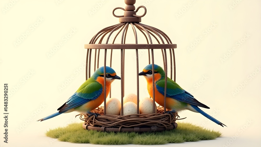 Obraz premium Colorful Birds Guarding a Nest of Speckled Eggs in a Whimsical Cage