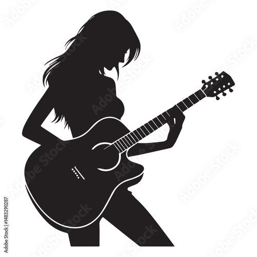 silhouette of a person playing guitar, simple black and white editable vector