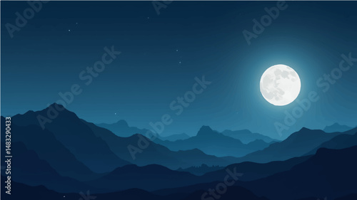 Full moon shining over mountains in a peaceful night landscape