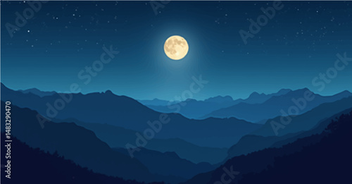 Full moon shining over mountains in a peaceful night landscape