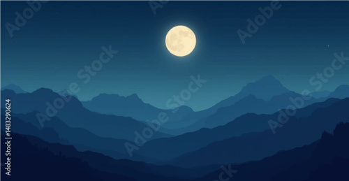 Full moon shining over mountains in a peaceful night landscape
