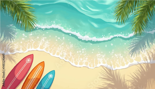 vector illustration of multiple surfboards lined up vertically along the bottom edge of the image, with a top-down view of clear blue ocean water in the background. The water has light reflections 
