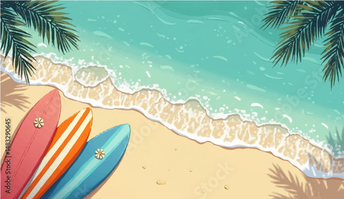 vector illustration of multiple surfboards lined up vertically along the bottom edge of the image, with a top-down view of clear blue ocean water in the background. The water has light reflections 