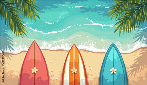vector illustration of multiple surfboards lined up vertically along the bottom edge of the image, with a top-down view of clear blue ocean water in the background. The water has light reflections 