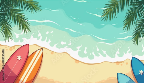 vector illustration of multiple surfboards lined up vertically along the bottom edge of the image, with a top-down view of clear blue ocean water in the background. The water has light reflections 