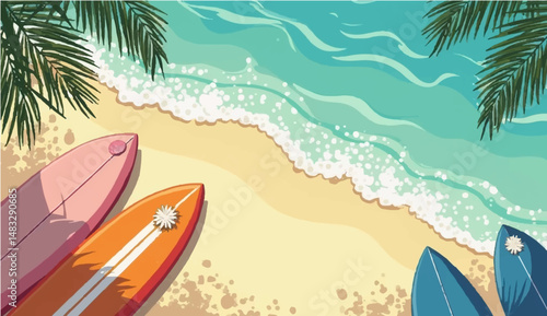 vector illustration of multiple surfboards lined up vertically along the bottom edge of the image, with a top-down view of clear blue ocean water in the background. The water has light reflections 