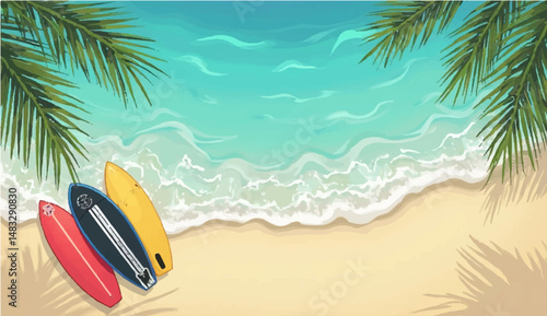 vector illustration of multiple surfboards lined up vertically along the bottom edge of the image, with a top-down view of clear blue ocean water in the background. The water has light reflections 