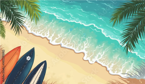 vector illustration of multiple surfboards lined up vertically along the bottom edge of the image, with a top-down view of clear blue ocean water in the background. The water has light reflections 