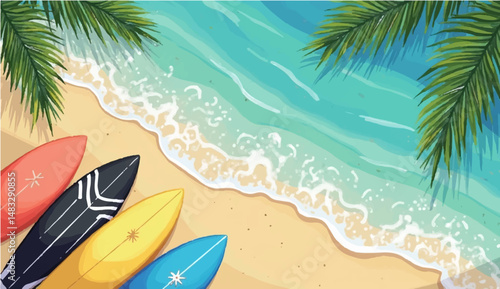 vector illustration of multiple surfboards lined up vertically along the bottom edge of the image, with a top-down view of clear blue ocean water in the background. The water has light reflections 
