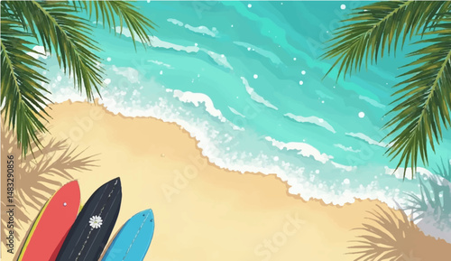 vector illustration of multiple surfboards lined up vertically along the bottom edge of the image, with a top-down view of clear blue ocean water in the background. The water has light reflections 