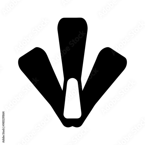 Black silhouette of diving fins with white trim, diving equipment icon