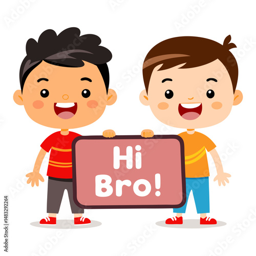Cartoon Boy Holding Board On Hi Bro Typography Vector Design