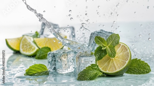 Mint, lime and ice cubes with water splash on light background