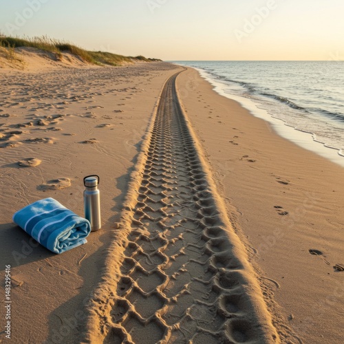 Tire Tracks on Sandy Beach at Sunrise