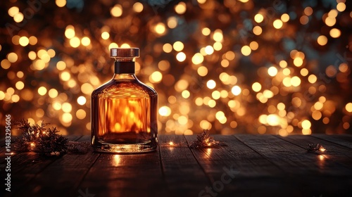 Elegant liquor decanter on rustic wooden table