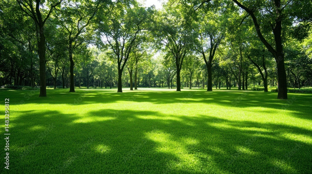 Naklejka premium Serene Green Park: A Tranquil Summer Day in Lush Greenery