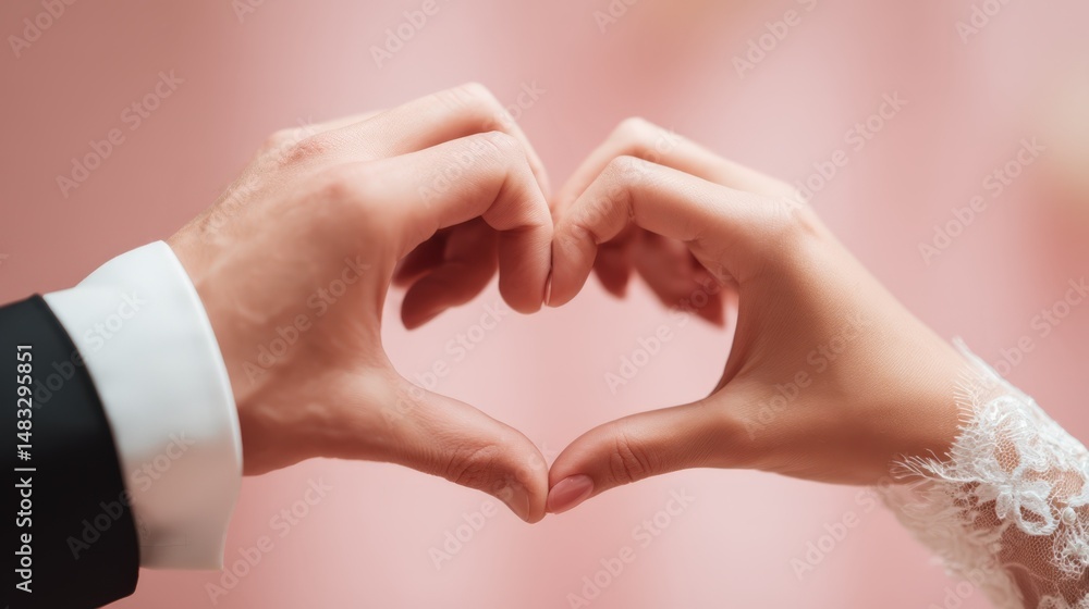 Fototapeta premium A Couple's Hands Forming a Heart Shape Symbolizing Love and Romance on a Pink Background