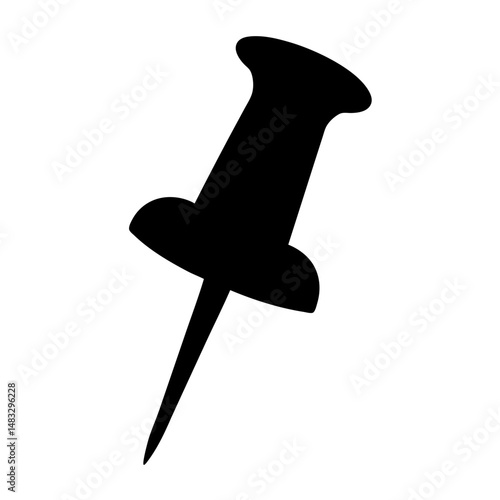 Simple black silhouette of a push pin for office or creative use