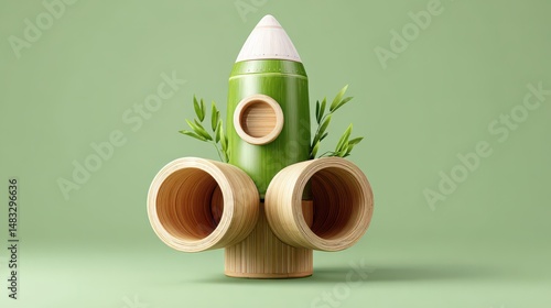 Wallpaper Mural A rocket-shaped sculpture made from bamboo and wood, featuring green leaves, set against a light green background. Torontodigital.ca