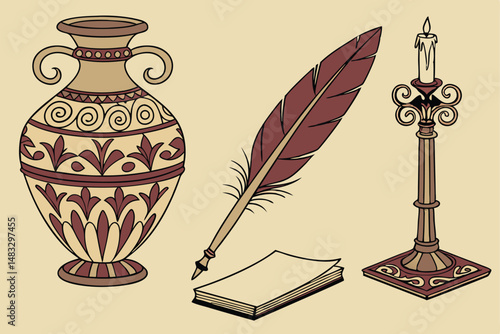 91 antique ornate decorative ornaments, vintage ceramic vase, old fashioned quill pen, intricate decorative engraved metal candlestick, victorian era decorative aesthetic, high resolution detailed pho