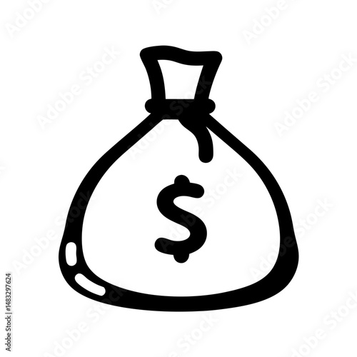Black and white outline drawing of a money bag with dollar sign