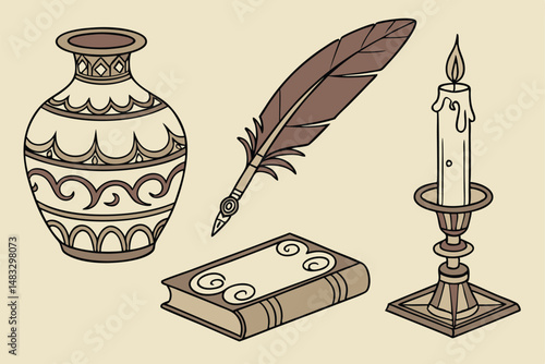 91 antique ornate decorative ornaments, vintage ceramic vase, old fashioned quill pen, intricate decorative engraved metal candlestick, victorian era decorative aesthetic, high resolution detailed pho