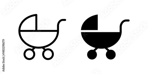 Stroller icon. Baby pram sign. Newborn carriage transport symbol. Toddler buggy pictogram. Parenting walk equipment illustration.