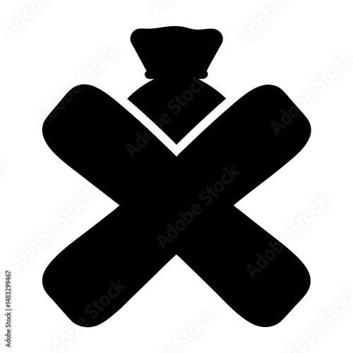 Stylized black and white illustration of crossbones with a sack on top