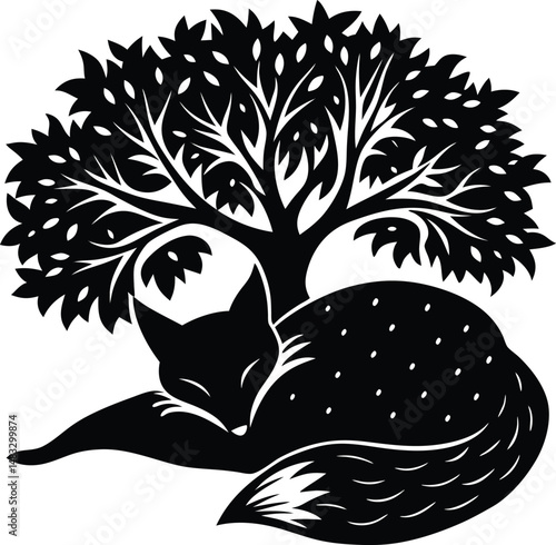 Fox Silhouette Curled Up Sleeping Under A Tree