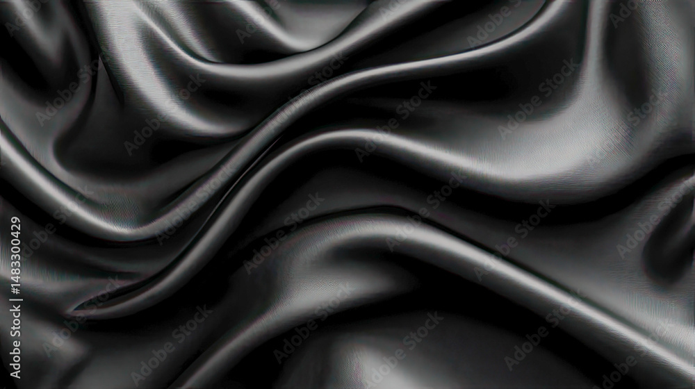 Fototapeta premium Dark silk cloth background. Elegant black textile with soft waves and drapes.