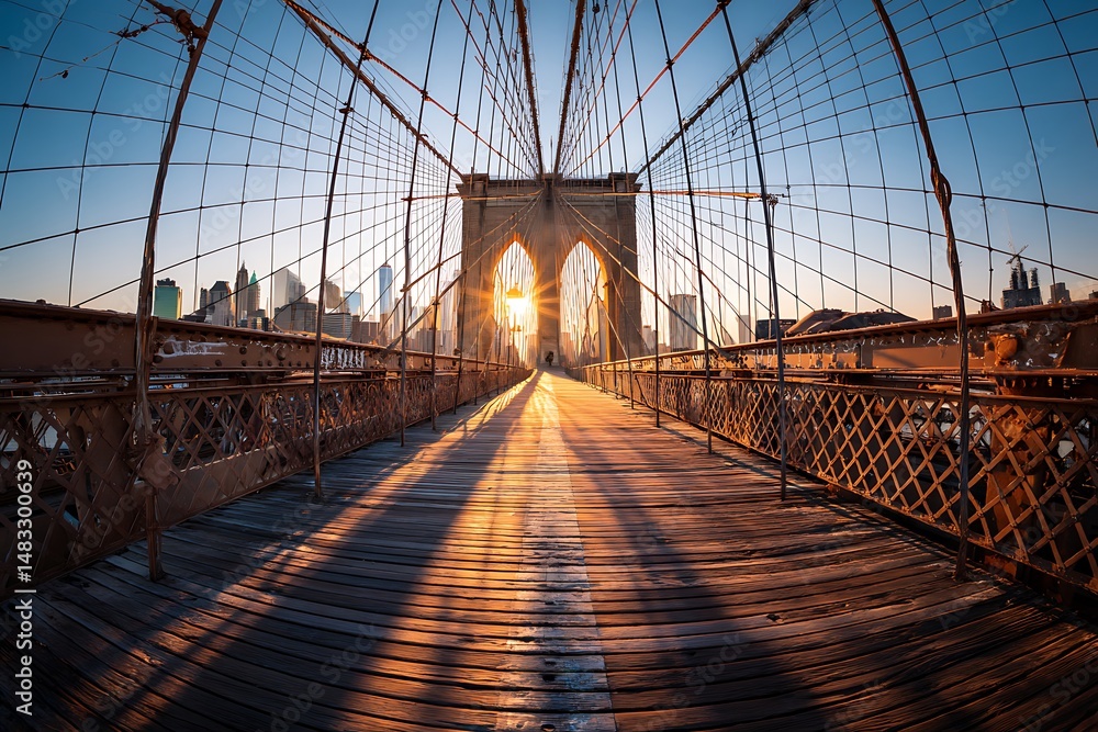 Fototapeta premium Iconic Brooklyn Bridge Arches Framing Sunlight and New York City Skyline At Dawn