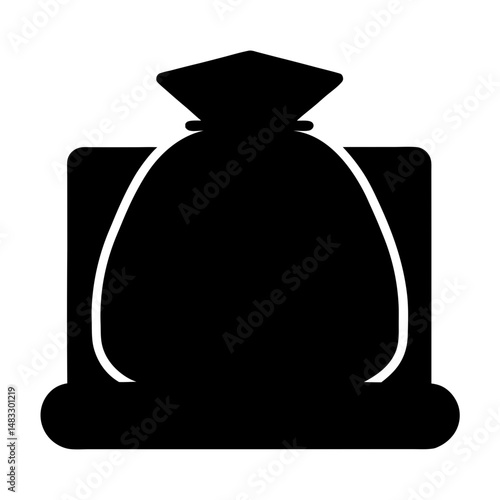 Black silhouette of a bulging money sack on a wooden platform