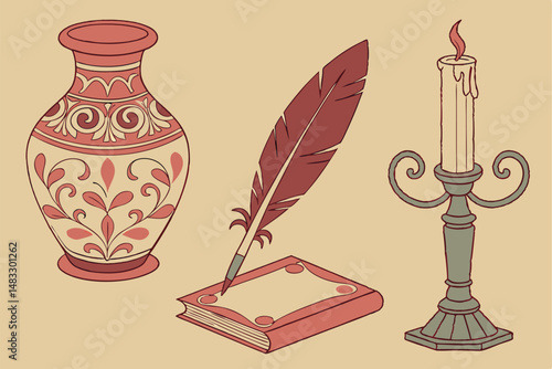 91 antique ornate decorative ornaments, vintage ceramic vase, old fashioned quill pen, intricate decorative engraved metal candlestick, victorian era decorative aesthetic, high resolution detailed pho