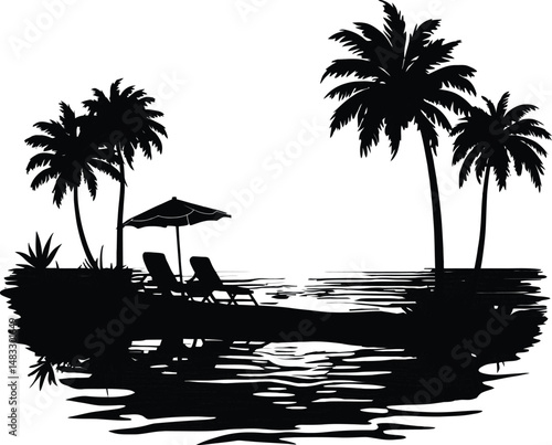 Summer tree sea beach silhouette vector