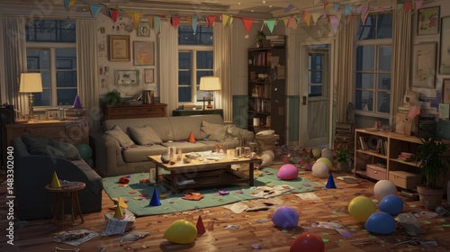 Messy party room after a children's celebration