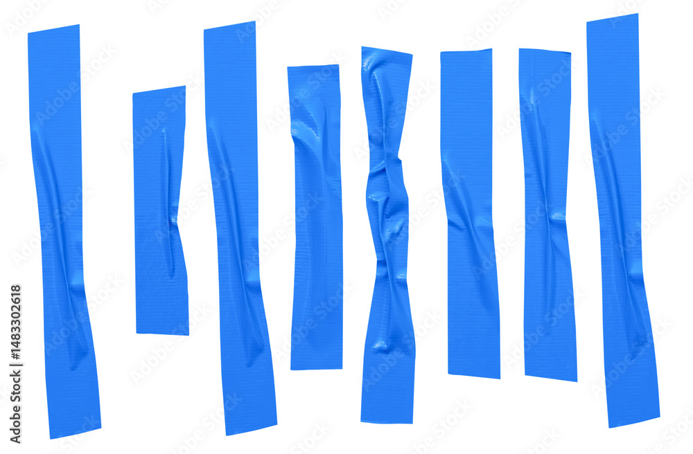 Top view set of wrinkled or crumpled blue adhesive vinyl tape or cloth tape in stripe shape isolated with clipping path in png file format Top view set of wrinkled or crumpled blue adhesive vinyl tape or cloth tape in stripe shape isolated with clipping path in png file format
