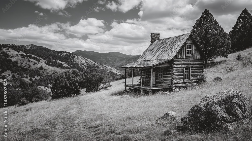 Obraz premium Black, white photo of old wooden cabin, historic dwelling nestled on hillside. Rural mountain scenery, traditional architecture, vintage style. Rustic, aged buildings. Atmosphere of nostalgia